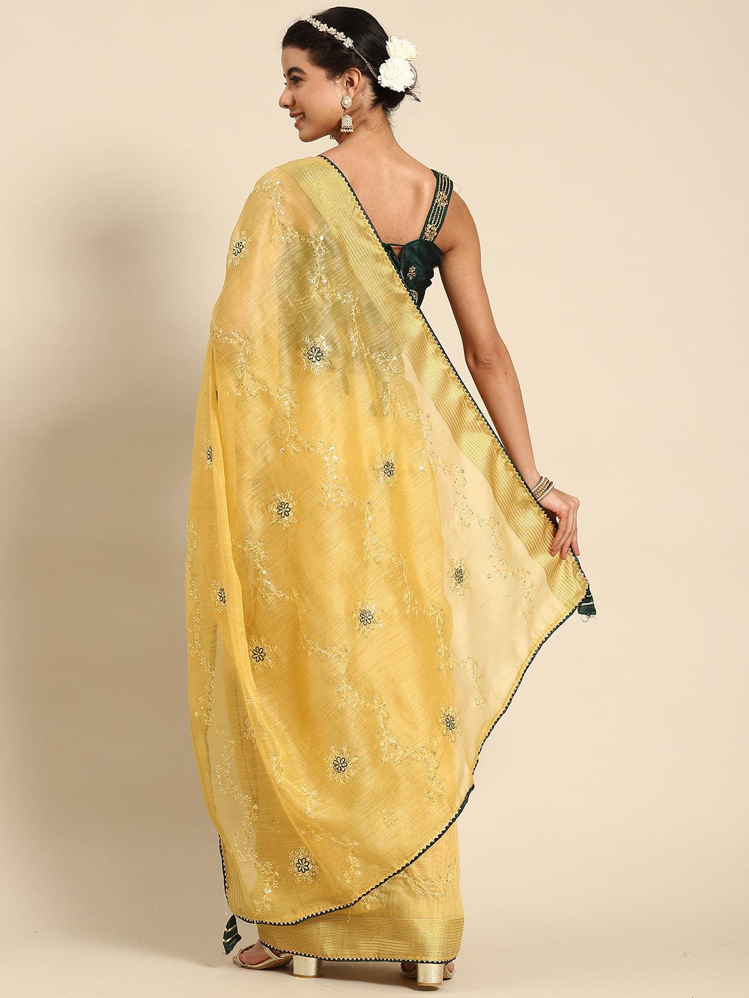 Trendy Yellow Designer Floral Embroidered Polly Cotton Saree - Indiakreations