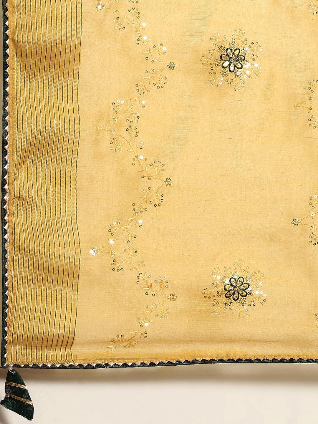 Trendy Yellow Designer Floral Embroidered Polly Cotton Saree - Indiakreations