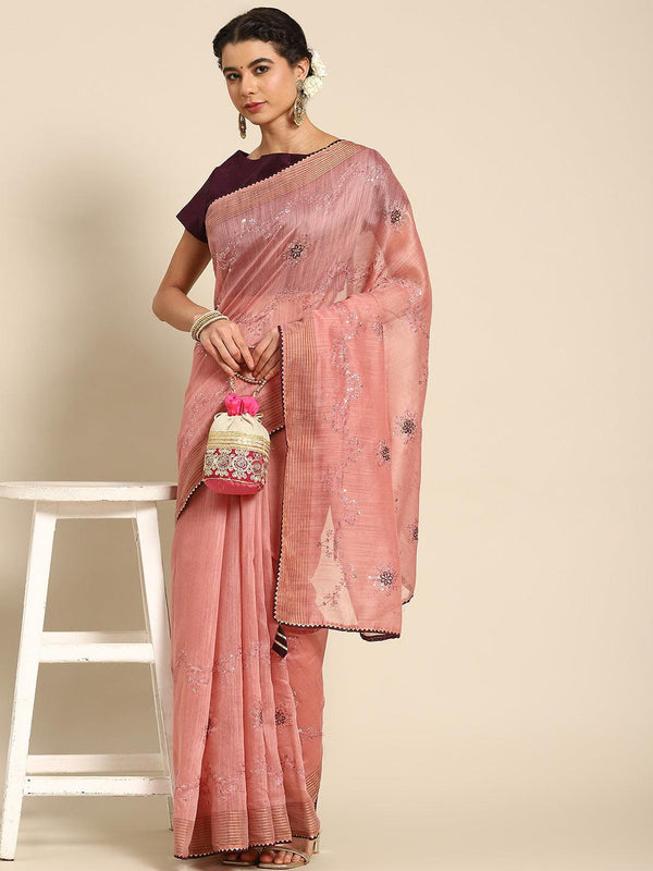 Stylish Floral Embroidered Poly Cotton Saree In Pink - Indiakreations