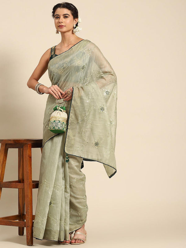 Ravishing Green Designer Floral Embroidered Poly Cotton Saree - Indiakreations