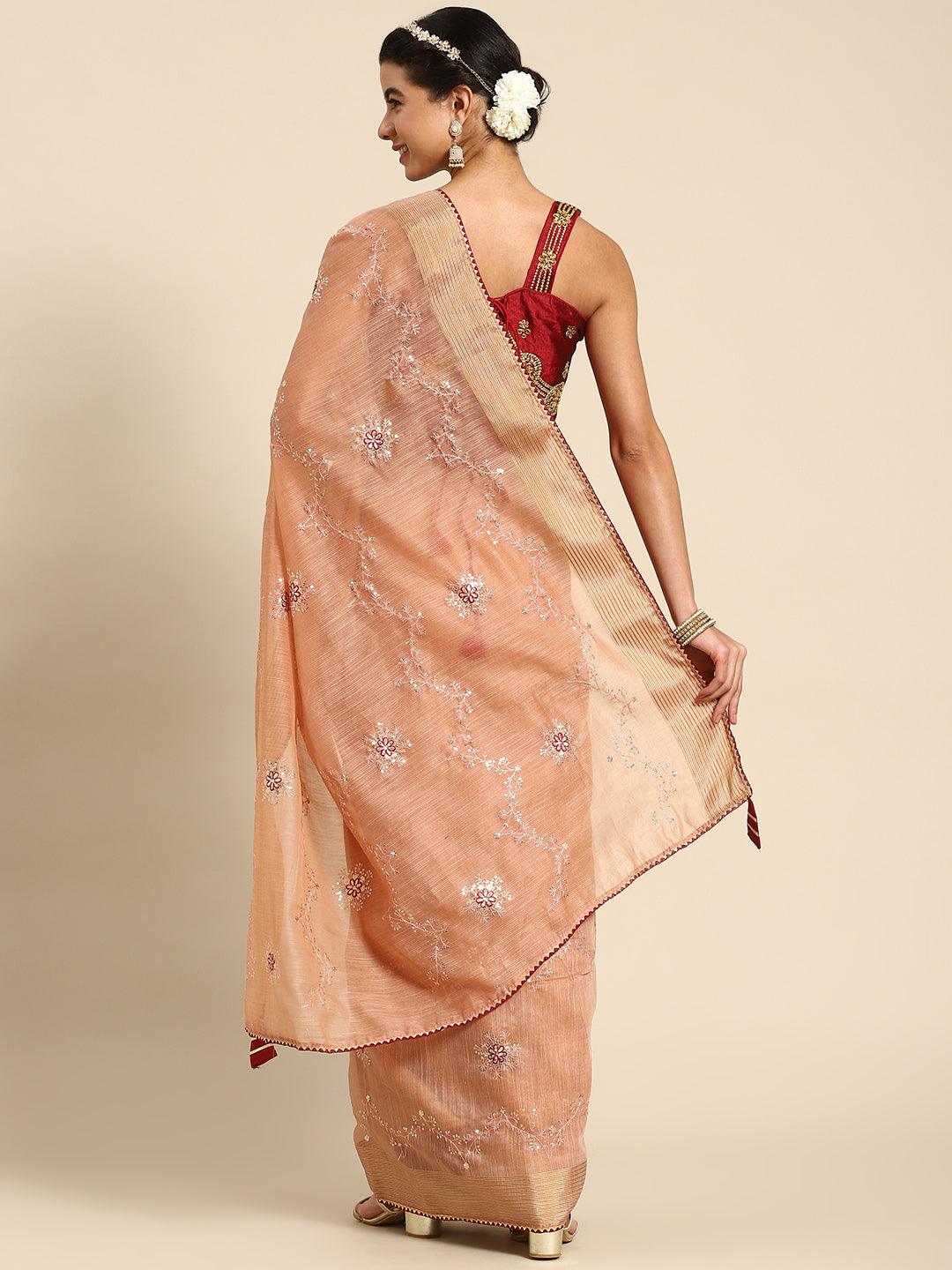 Wedding Wear Peach Embroidered Poly Cotton Saree - Indiakreations