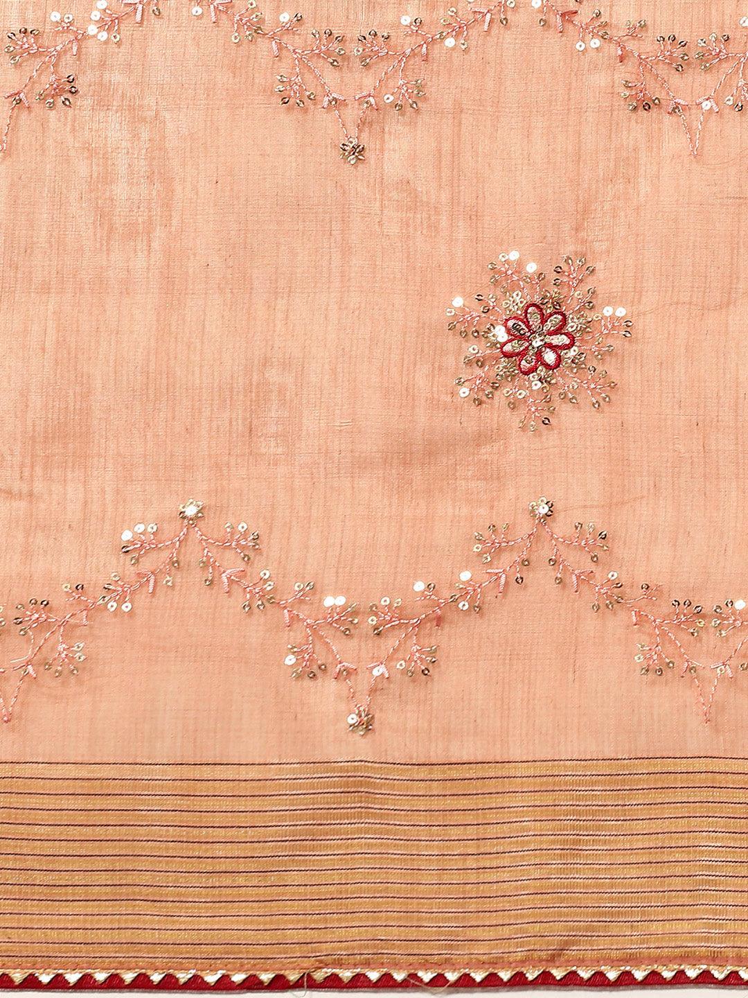 Wedding Wear Peach Embroidered Poly Cotton Saree - Indiakreations