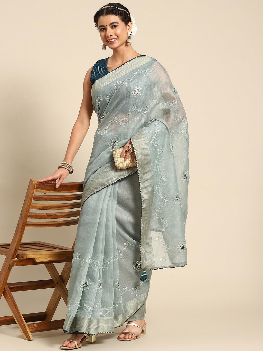 Glamorous Designer Floral Embroidered Poly Cotton Saree In Blue - Indiakreations