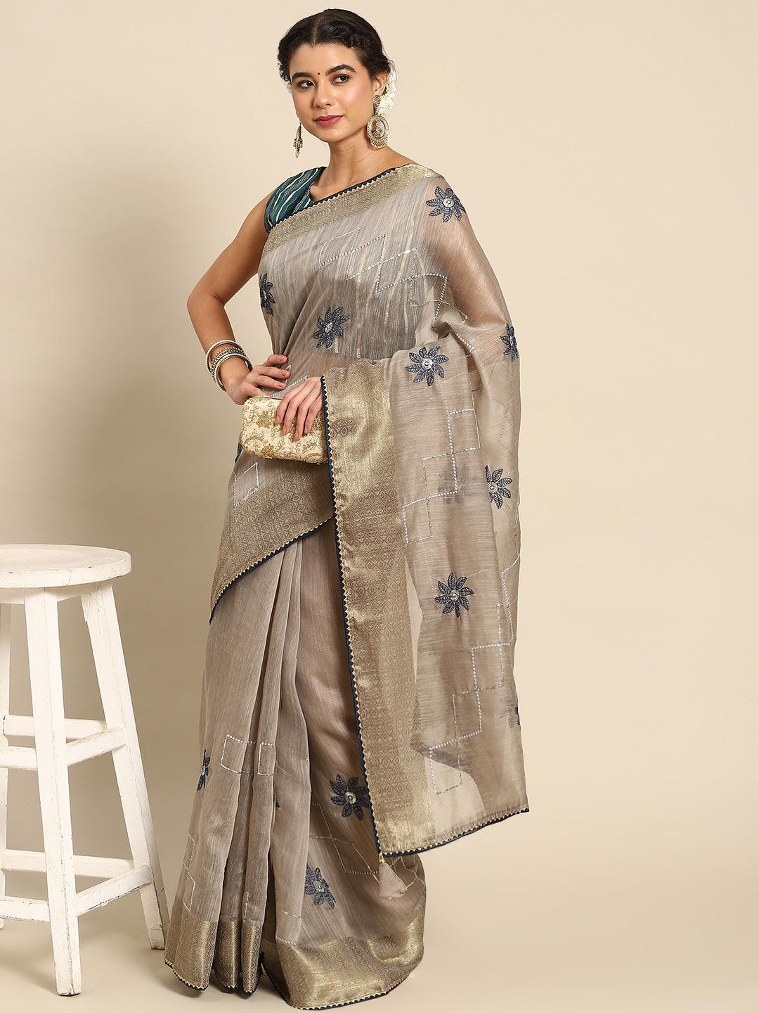 Classic Designer Floral Embroidered Grey Poly Cotton Saree - Indiakreations