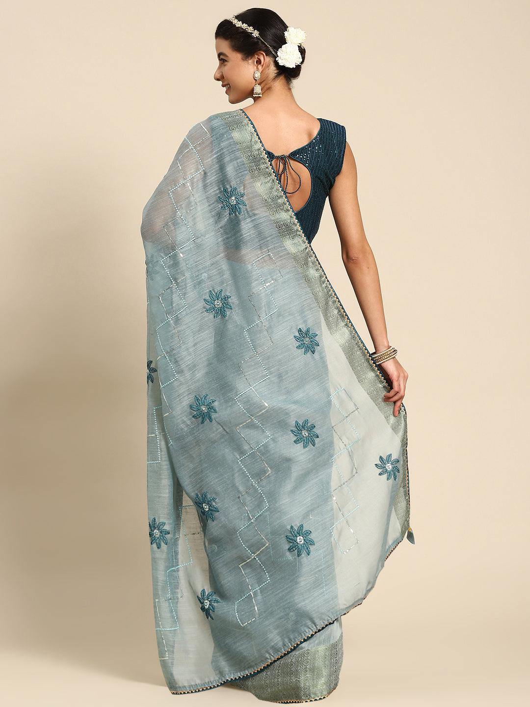 Blue Ravishing Floral Embroidered Wedding Wear Contemporary Saree - Indiakreations