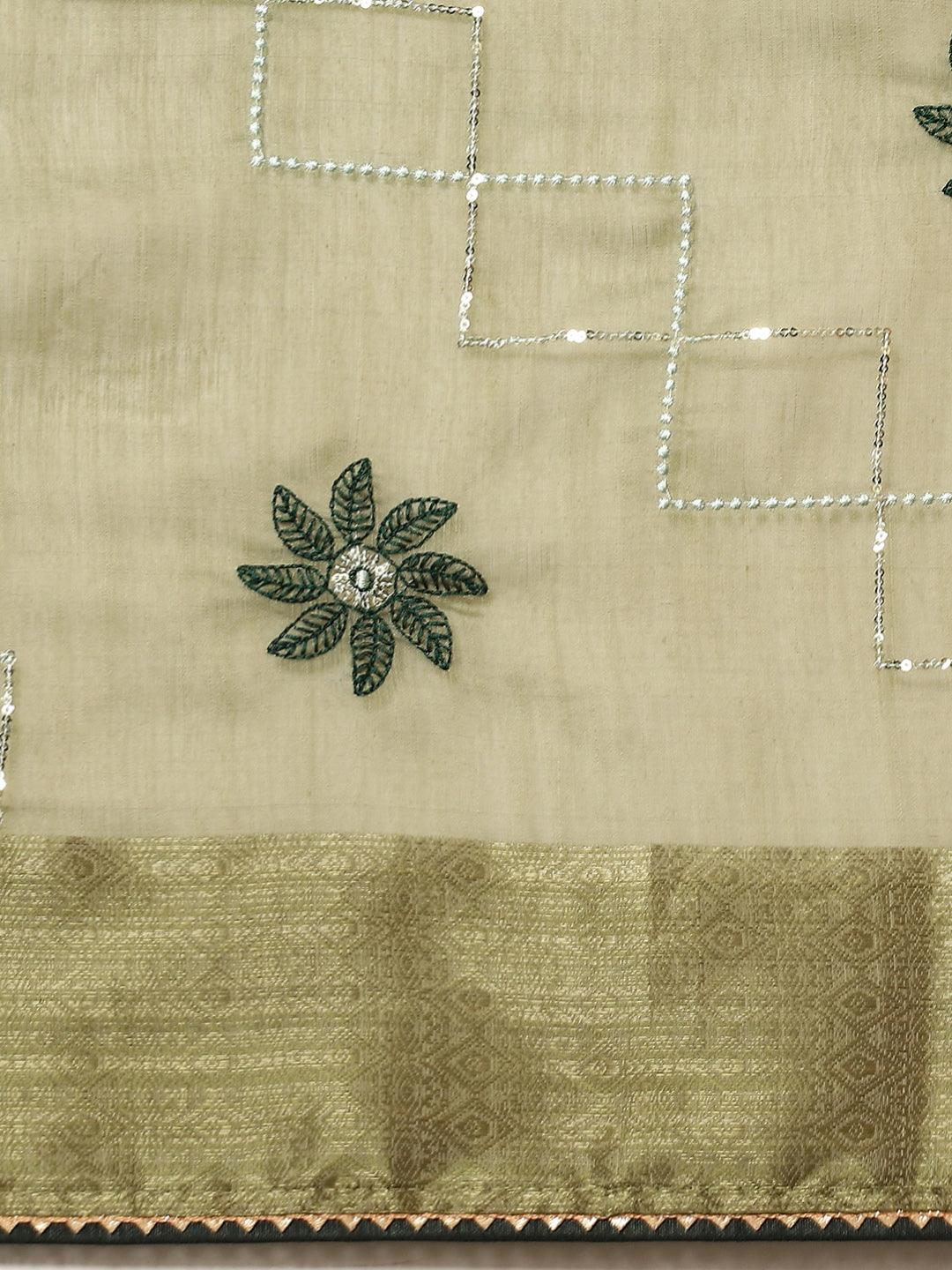 Fancy Poly Cotton Green Color Floral Embroidered Designer Saree - Indiakreations