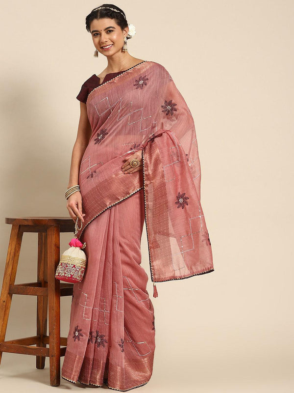 Stylish Floral Embroidered Designer Poly Cotton Saree In Pink - Indiakreations
