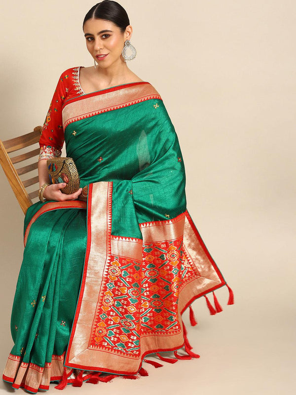 Reception Wear Famous Woven Work Silk Saree In Green - Indiakreations