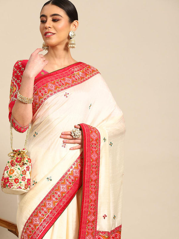 Designer Woven Work Embroidered Saree In White - Indiakreations