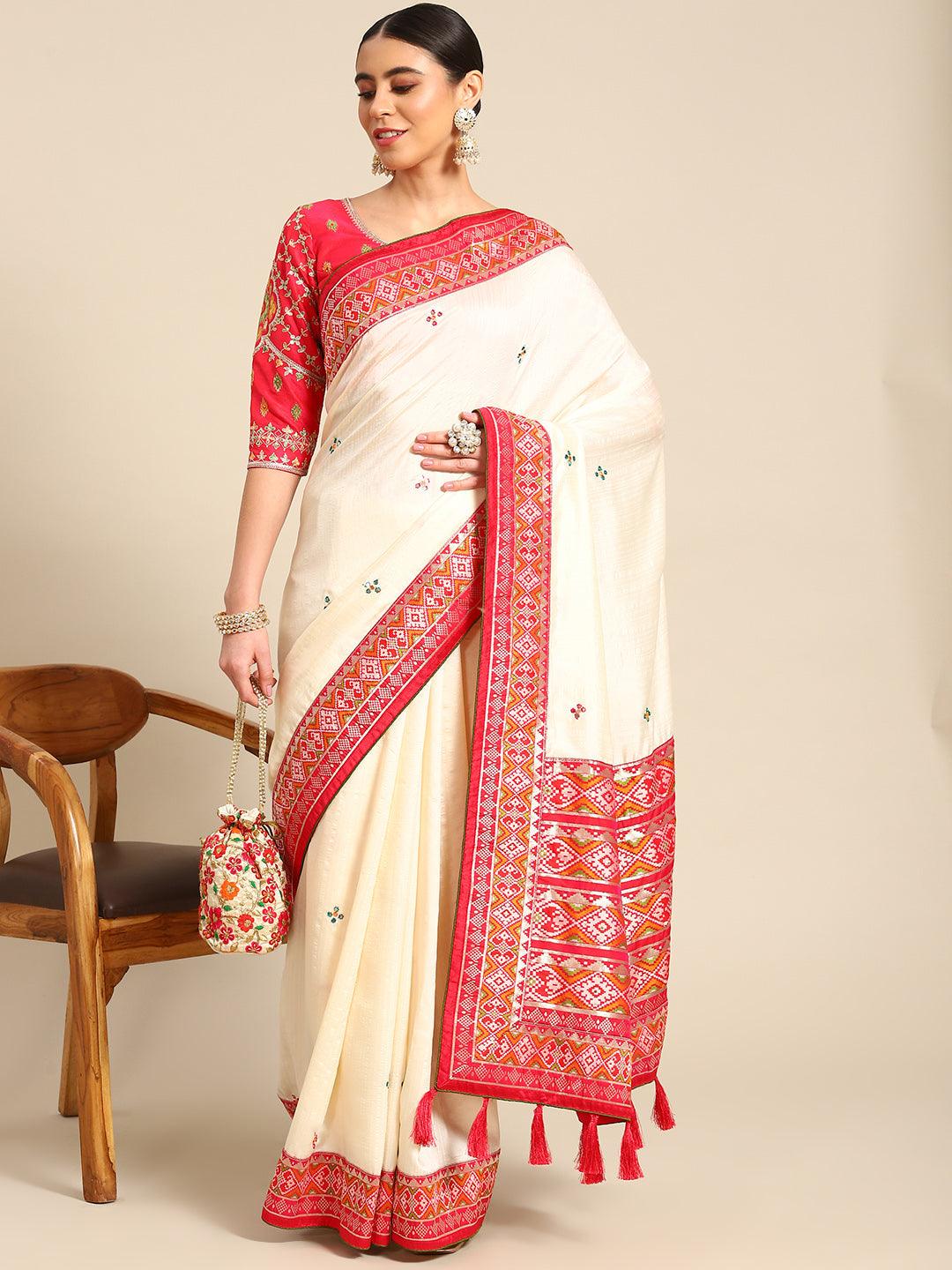 Designer Woven Work Embroidered Saree In White - Indiakreations