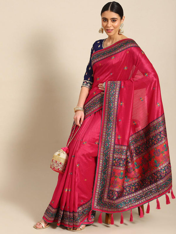Latest Designer Embroidered Silk Saree In Pink - Indiakreations