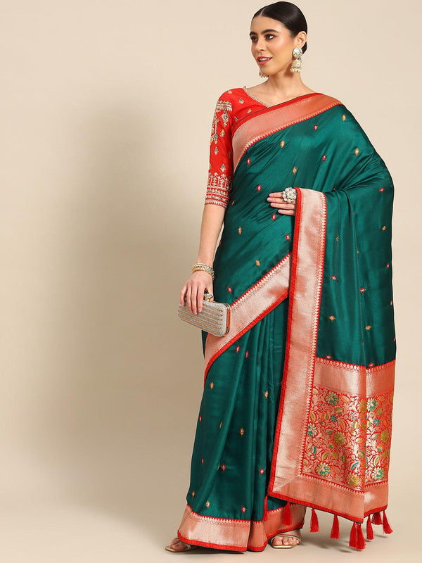 Silk Fabric Wedding Wear Beautiful Saree In Green Color - Indiakreations