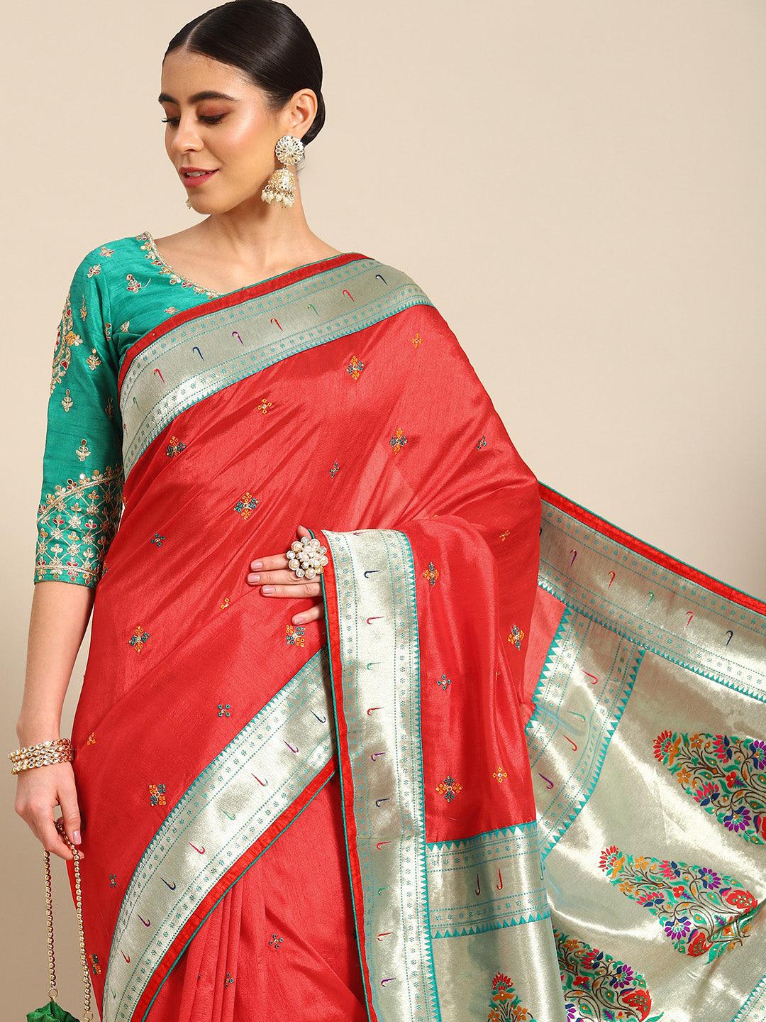 Trendy Designer Embroidered Silk Saree In Red - Indiakreations