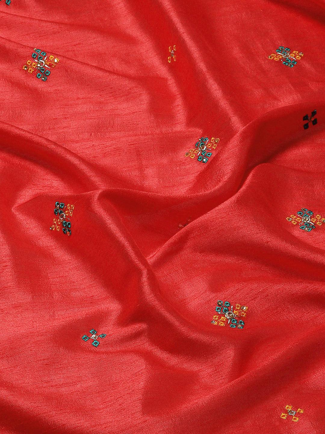 Trendy Designer Embroidered Silk Saree In Red - Indiakreations
