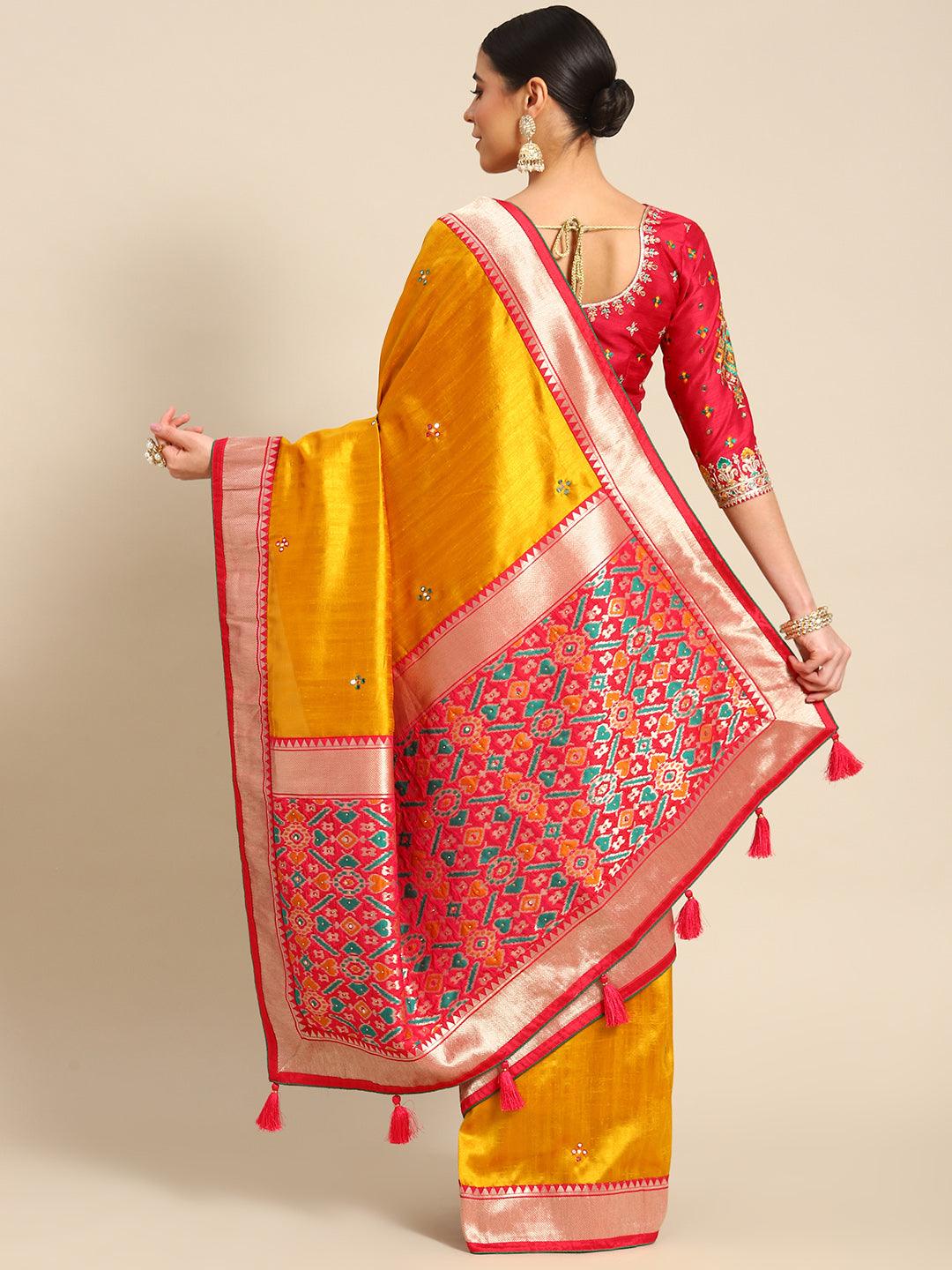 Stylish Trendy Embroidered Designer Silk Saree In Mustard - Indiakreations