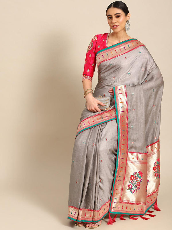Ravishing Grey Designer Embroidered Silk Saree - Indiakreations