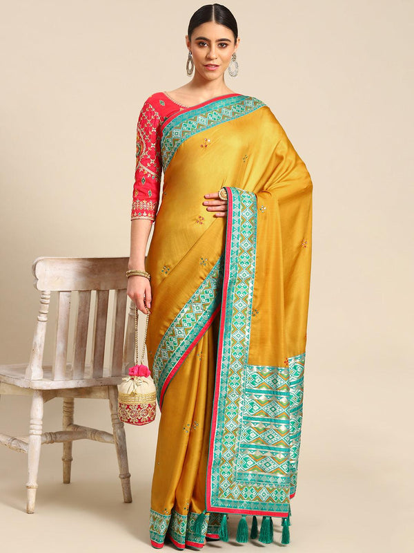 Latest Trendy Wedding Wear Mustard Embroidered Saree - Indiakreations