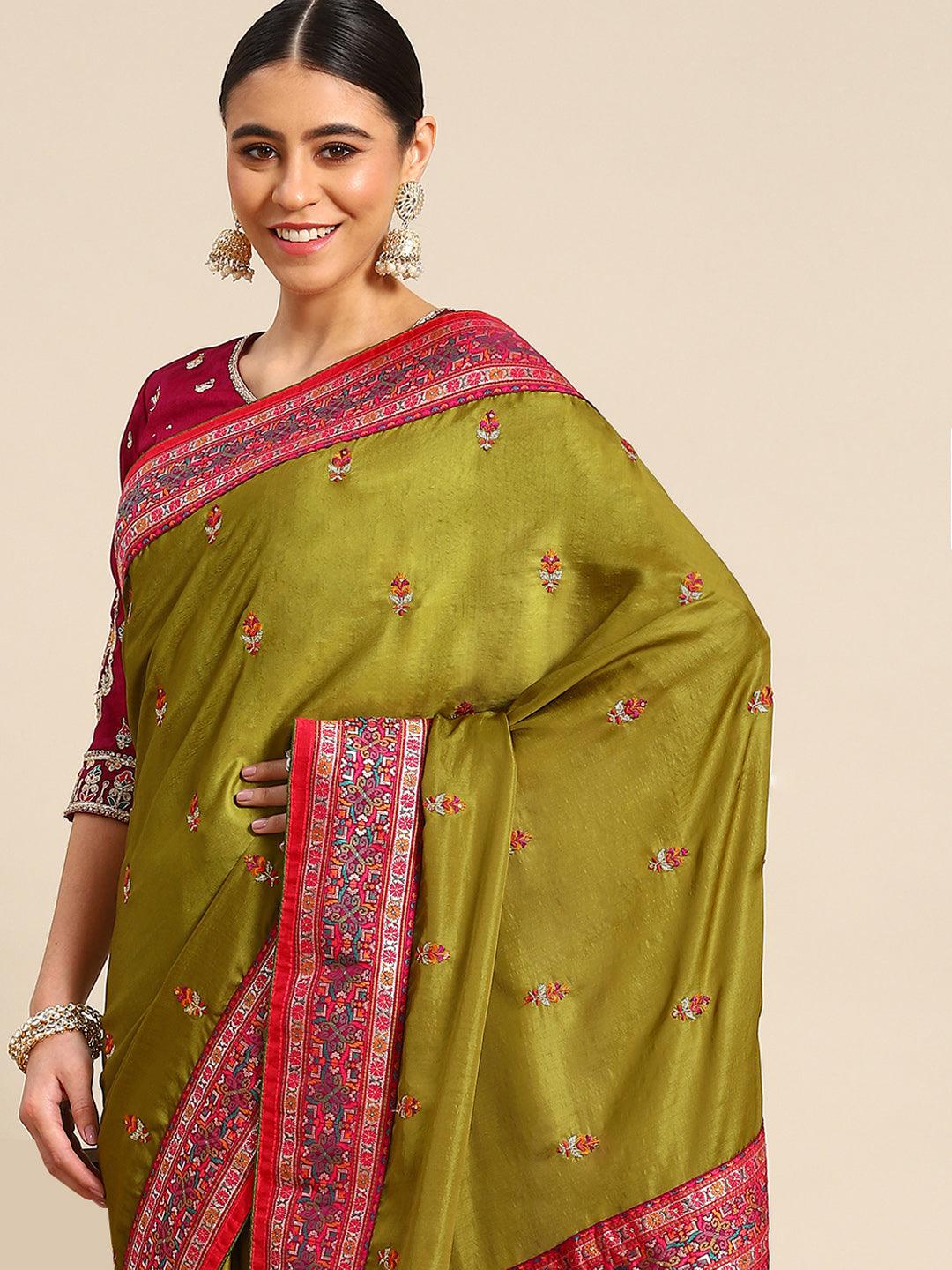 Gorgeous Embroidered Silk Saree In Green - Indiakreations