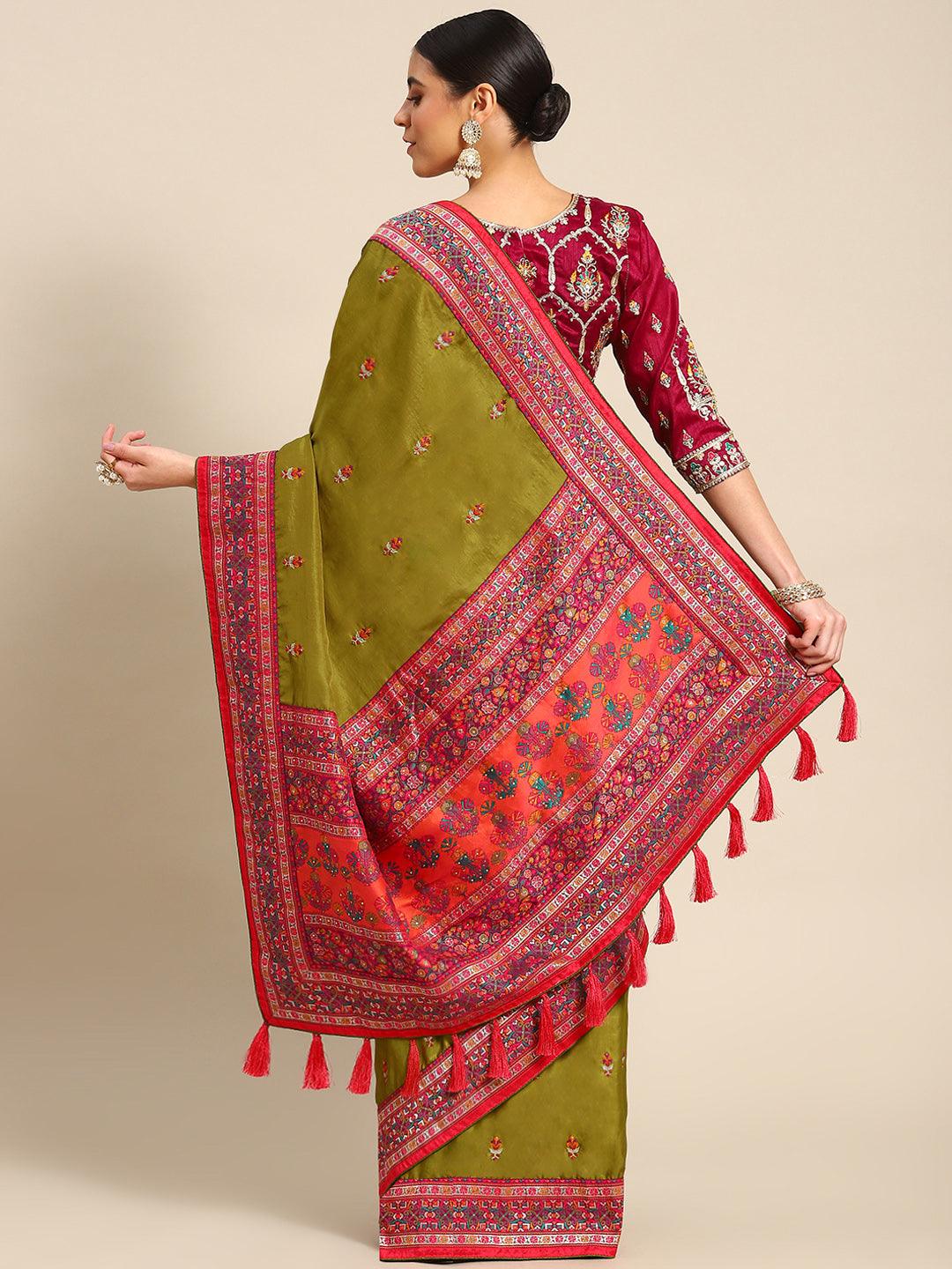 Gorgeous Embroidered Silk Saree In Green - Indiakreations