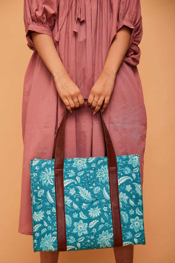 Aqua Blue Structured Tote Bag - Indiakreations