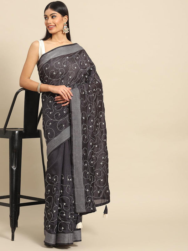 Trendy Designer Poly Cotton Saree In Grey - Indiakreations