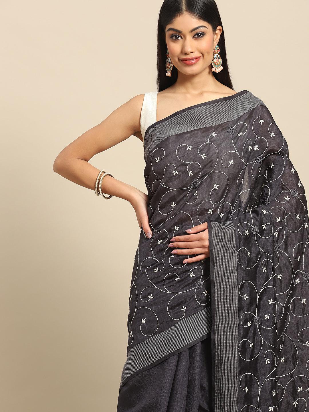Trendy Designer Poly Cotton Saree In Grey - Indiakreations