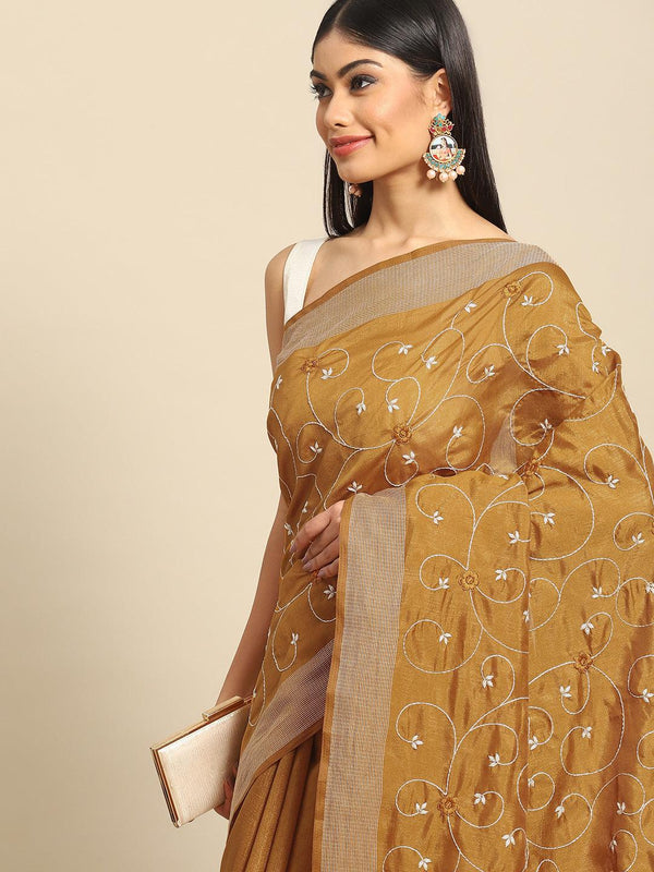 Beautiful Floral Embroidered Poly Cotton Yellow Saree - Indiakreations