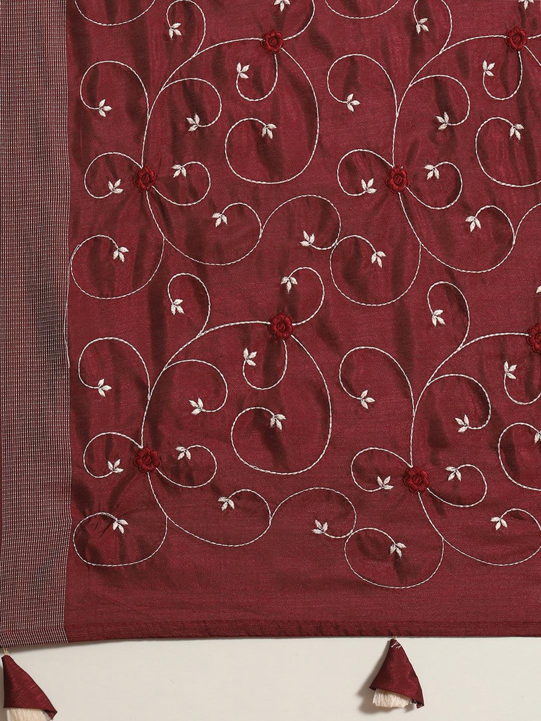 Designer Embroidered Poly Cotton Maroon Saree - Indiakreations