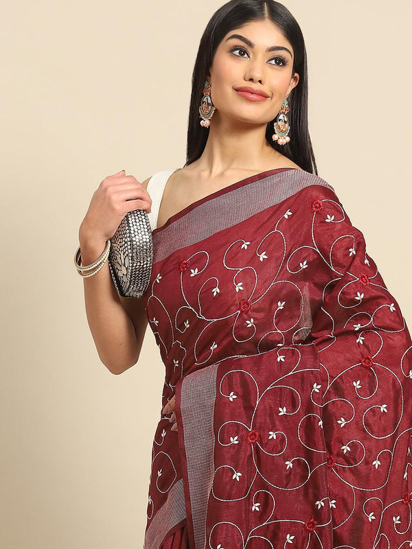 Designer Embroidered Poly Cotton Maroon Saree - Indiakreations