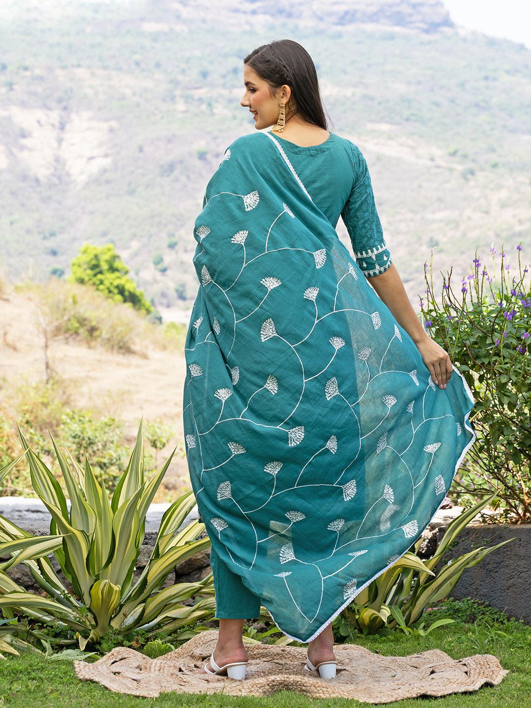 Ethnic Embroidered Straight Kurta with Pants & Dupatta - Jade Green - Indiakreations