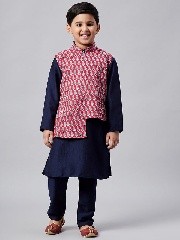 Boy's Printed Kurta set with Jacket Red - StyloBug KIDS