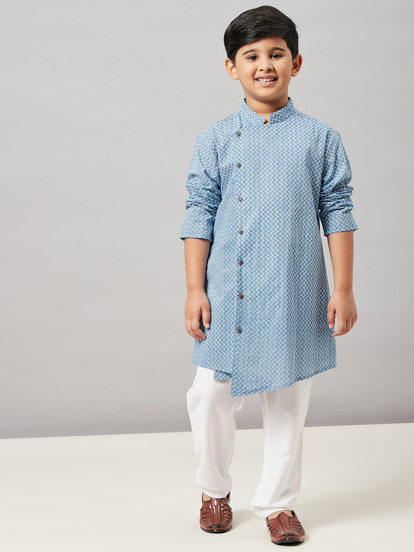 Boy's Printed Kurta with Payjama Blue - StyloBug KIDS