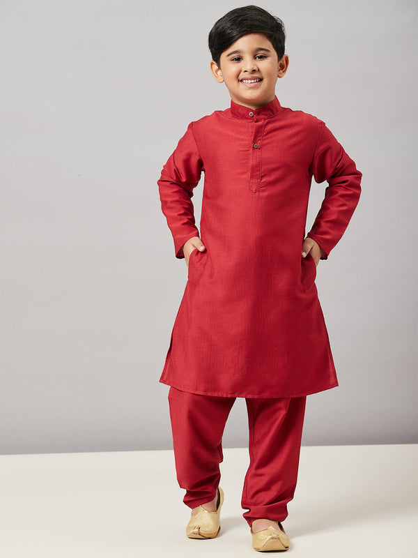 Boy's Solid Kurta with Payjama Maroon - StyloBug KIDS