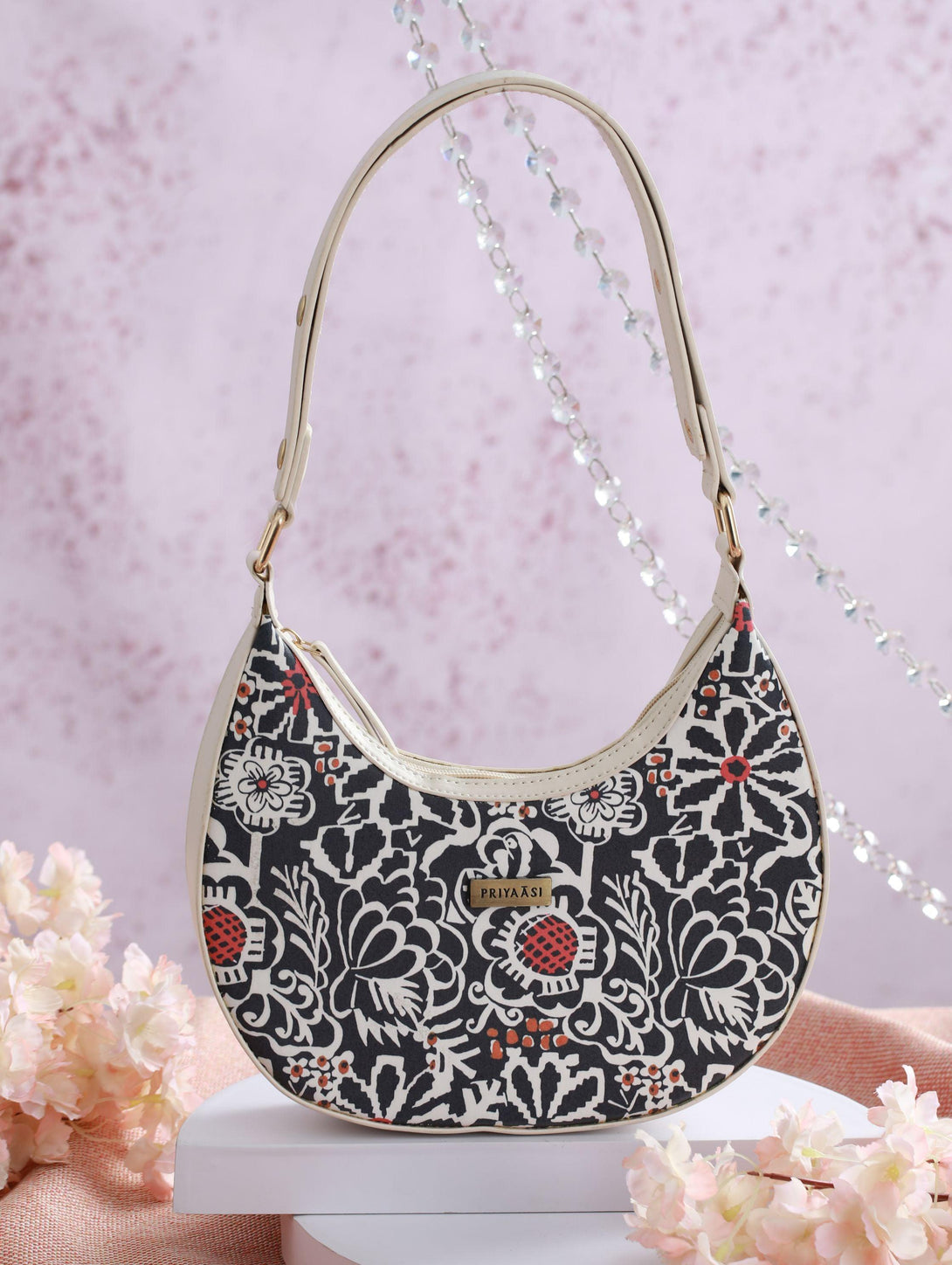 Women's Black Floral Motif Saddle Bag - Priyaasi - Indiakreations