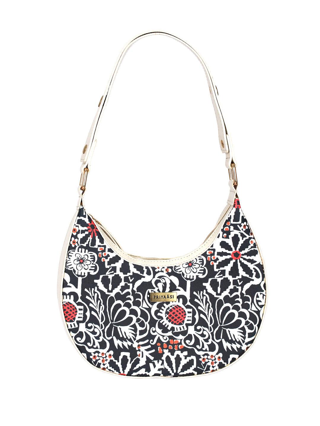 Women's Black Floral Motif Saddle Bag - Priyaasi - Indiakreations