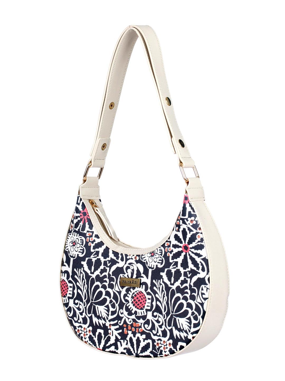 Women's Black Floral Motif Saddle Bag - Priyaasi - Indiakreations