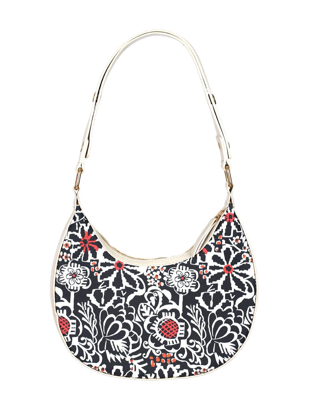 Women's Black Floral Motif Saddle Bag - Priyaasi - Indiakreations