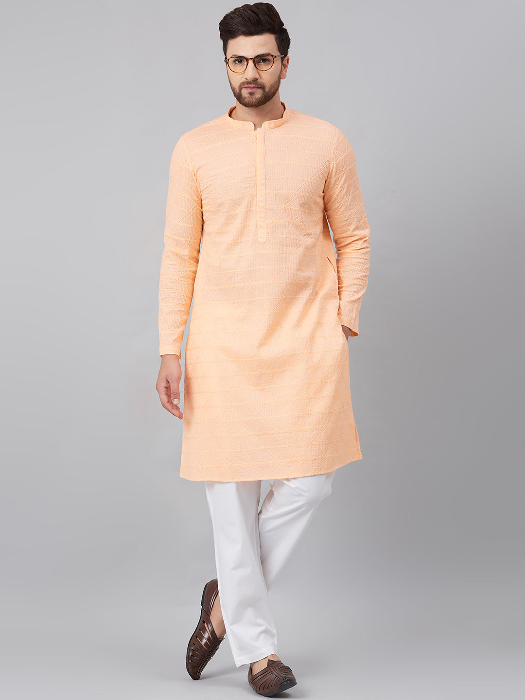 Men's Peach Chikankari Embroidered Woven Design Straight Kurta With Pyjama - See Designs