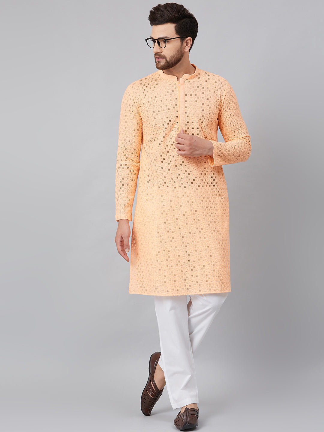 Men's Peach Chikankari Embroidered Woven Design Straight Kurta With Pyjama - See Designs