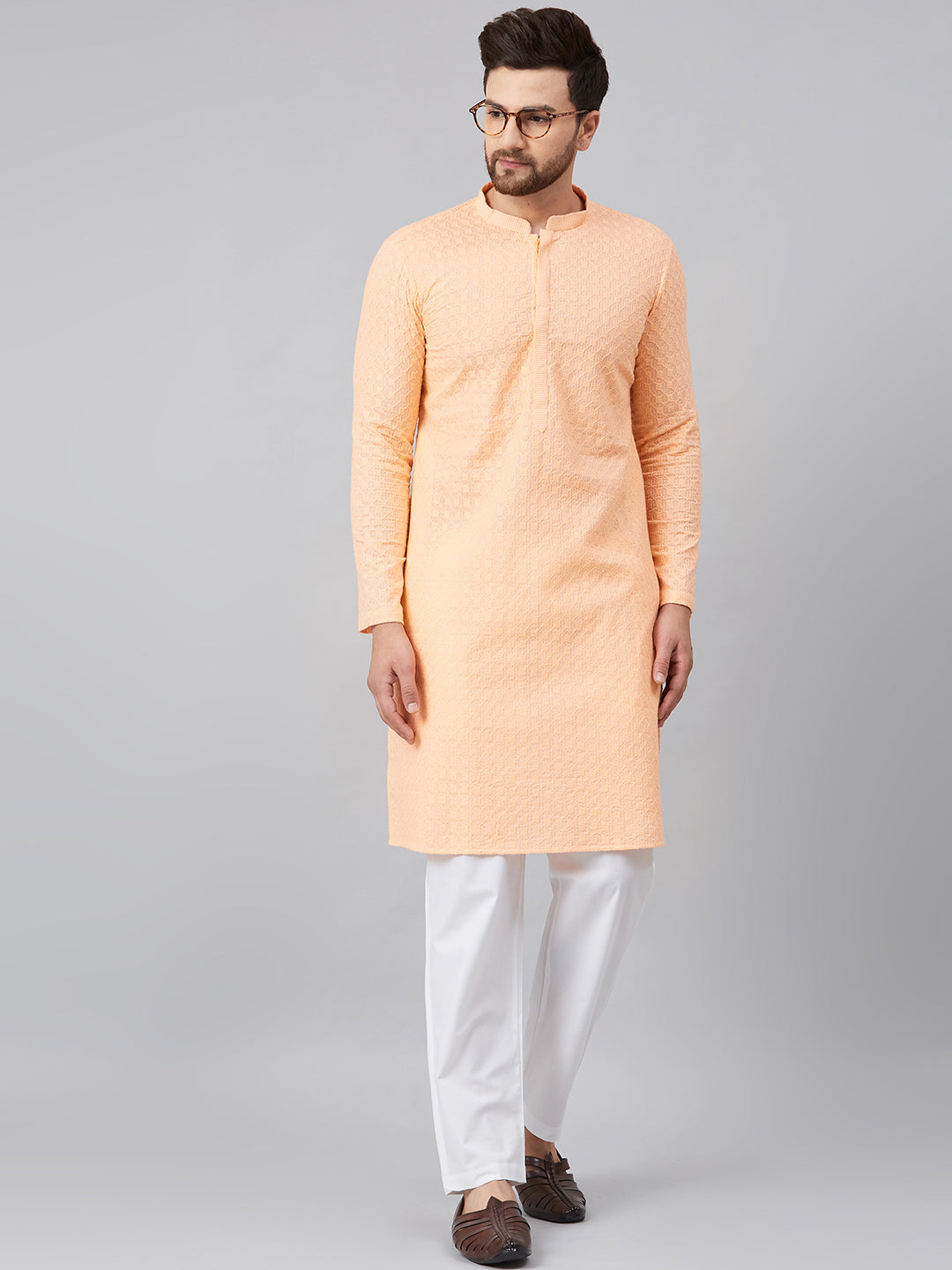 Men's Peach Chikankari Embroidered Woven Design Straight Kurta With Pyjama - See Designs