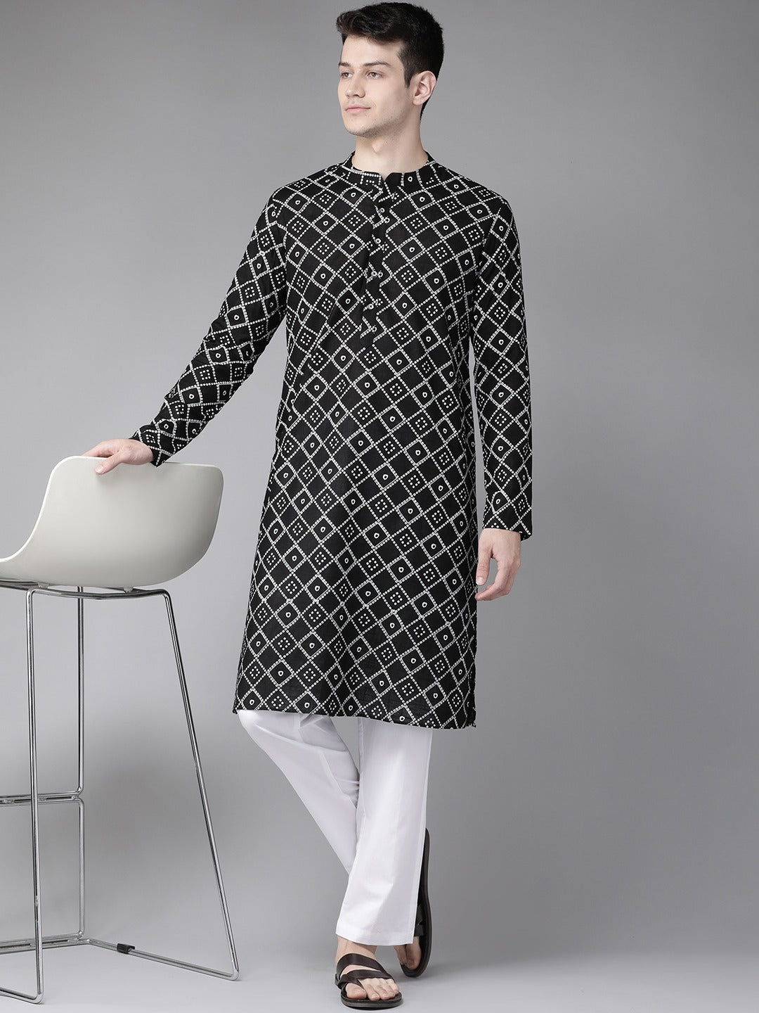 Men's Black & White Printed Straight Kurta - See Designs