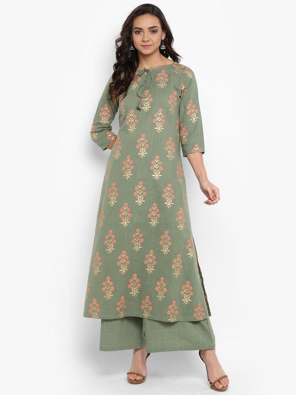 Women's Light Green Cotton Kurta With Palazzo-Mansa - Indiakreations