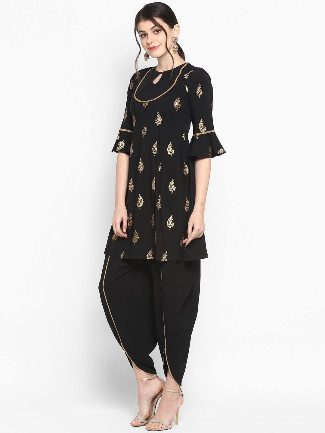 Women's Black Poly Crepe Kurti With Dhoti Pant-Mansa - Indiakreations