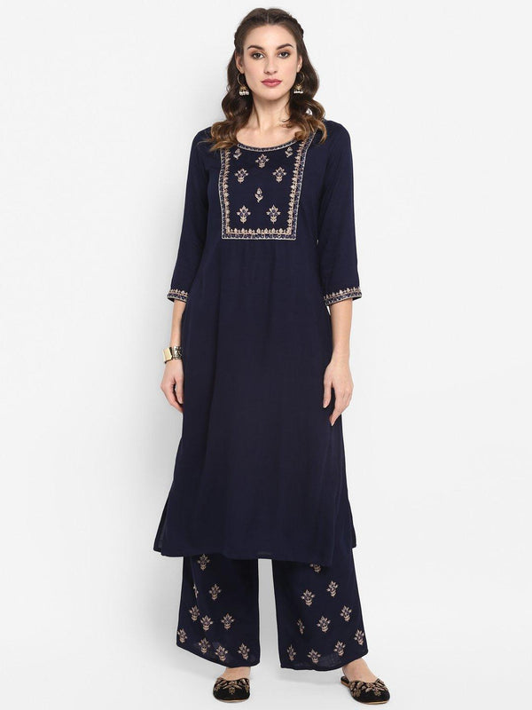 Women's Navy Blue Rayon Slub Kurta With Palazzo-Mansa - Indiakreations