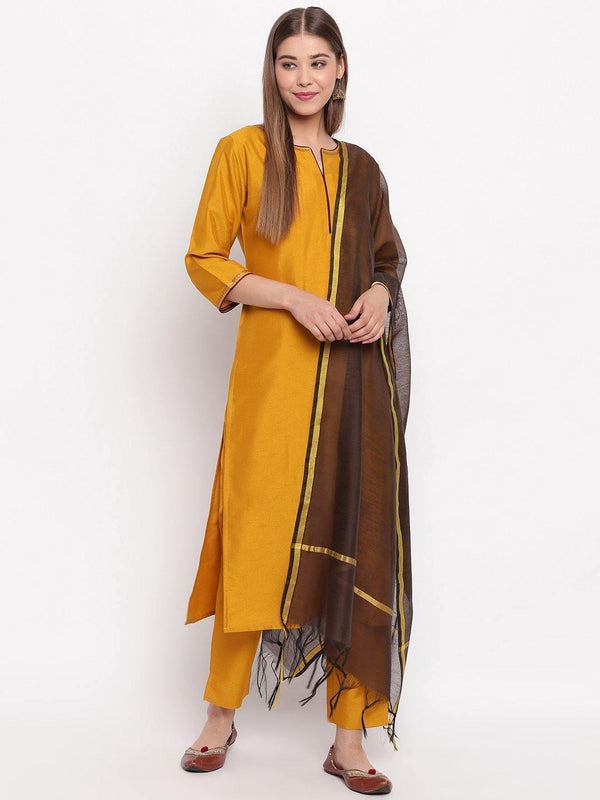 Women's Mustard Poly Silk Kurta With Pant And Dupatta-Mansa - Indiakreations