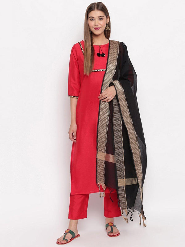 Women's Red Poly Silk Kurta With Pant And Dupatta-Mansa - Indiakreations