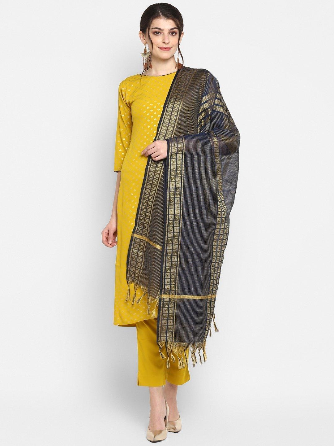 Women's Mustard Poly Crepe Kurta With Pant And Dupatta-Mansa - Indiakreations