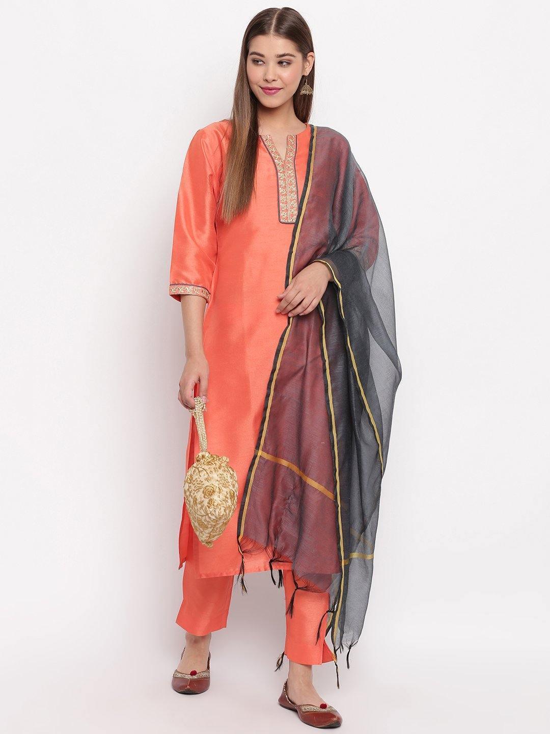 Women's Peach Poly Silk Kurta With Pant And Dupatta-Mansa - Indiakreations