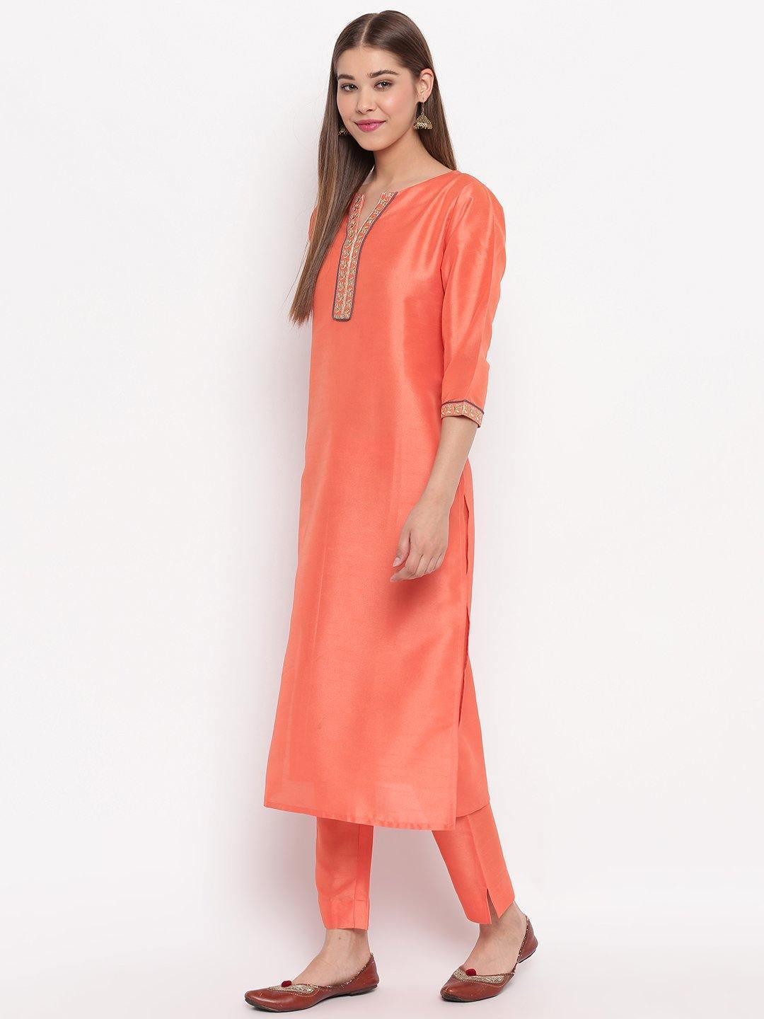 Women's Peach Poly Silk Kurta With Pant And Dupatta-Mansa - Indiakreations