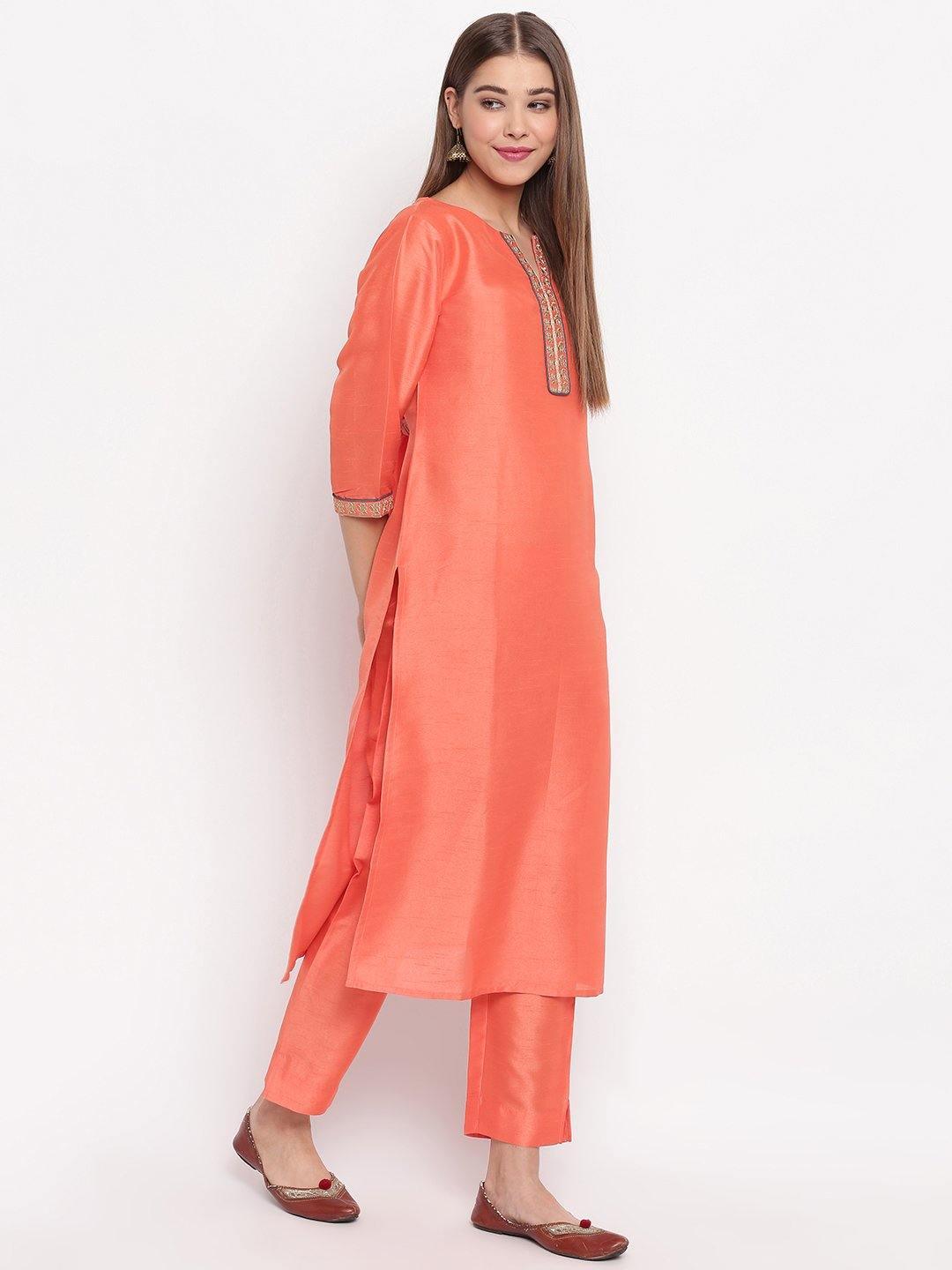 Women's Peach Poly Silk Kurta With Pant And Dupatta-Mansa - Indiakreations